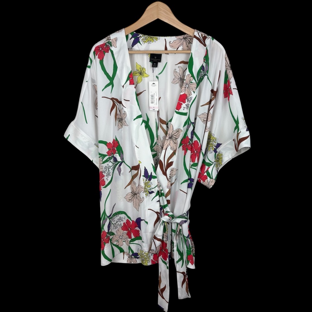 Worthington Woman Mae Floral White Kimono Wrap Top Blouse Plus‎ Size 3X